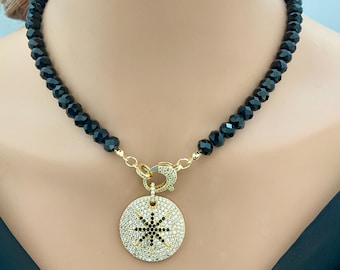 Black Crystal Bead Necklace: Gold Micro Pave Star Pendant, Mixed Metal