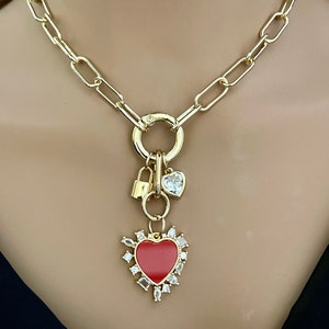 Gold Paperclip Chain Necklace-Mixed Charm Necklace-Red CZ Heart Charm-Large  Cubic Zirconia Heart Stone-Gold Padlock Charm-Spring Ring Clasp