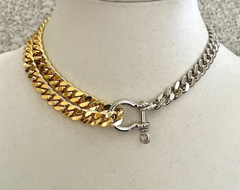 Collar de cadena cubana Miami bicolor, cierre de grillete