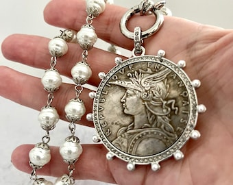 Silver Coin Pendant Necklace: Porcelain Pearl Chain, CZ Bezel