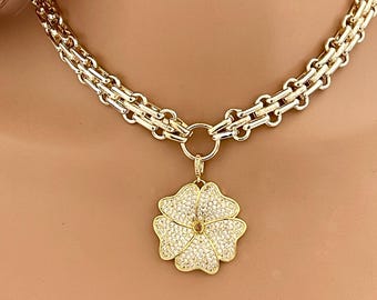 Gold Chunky Chain Necklace: Micro Pave CZ Flower Pendant