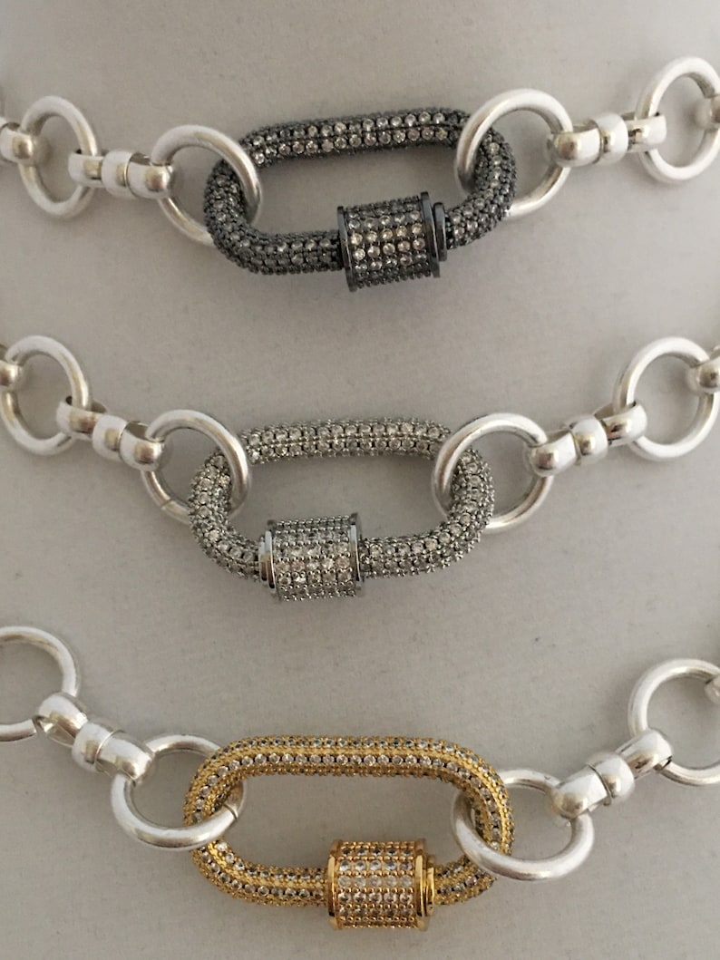 Carabiner Necklace Pave Carabiner Necklace-Screw Lock Clasp-3 Choices Cable Chain Necklace-Brass-Satin Silver-Mixed Cable Chain Necklace