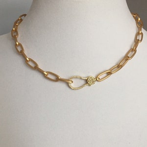 Carabiner Choker Chain Necklace,Pave Lobster Clasp Chain Necklace,Matte Gold Chain Necklace,Paperclip Link Chain