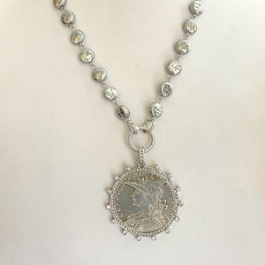 Silver Reproduction French Coin Necklace-Porcelain Glass Grey Coin Shape Pearl Chain-Cubic Zirconia Bezel Coin-Rope Design Spring Lock Clasp