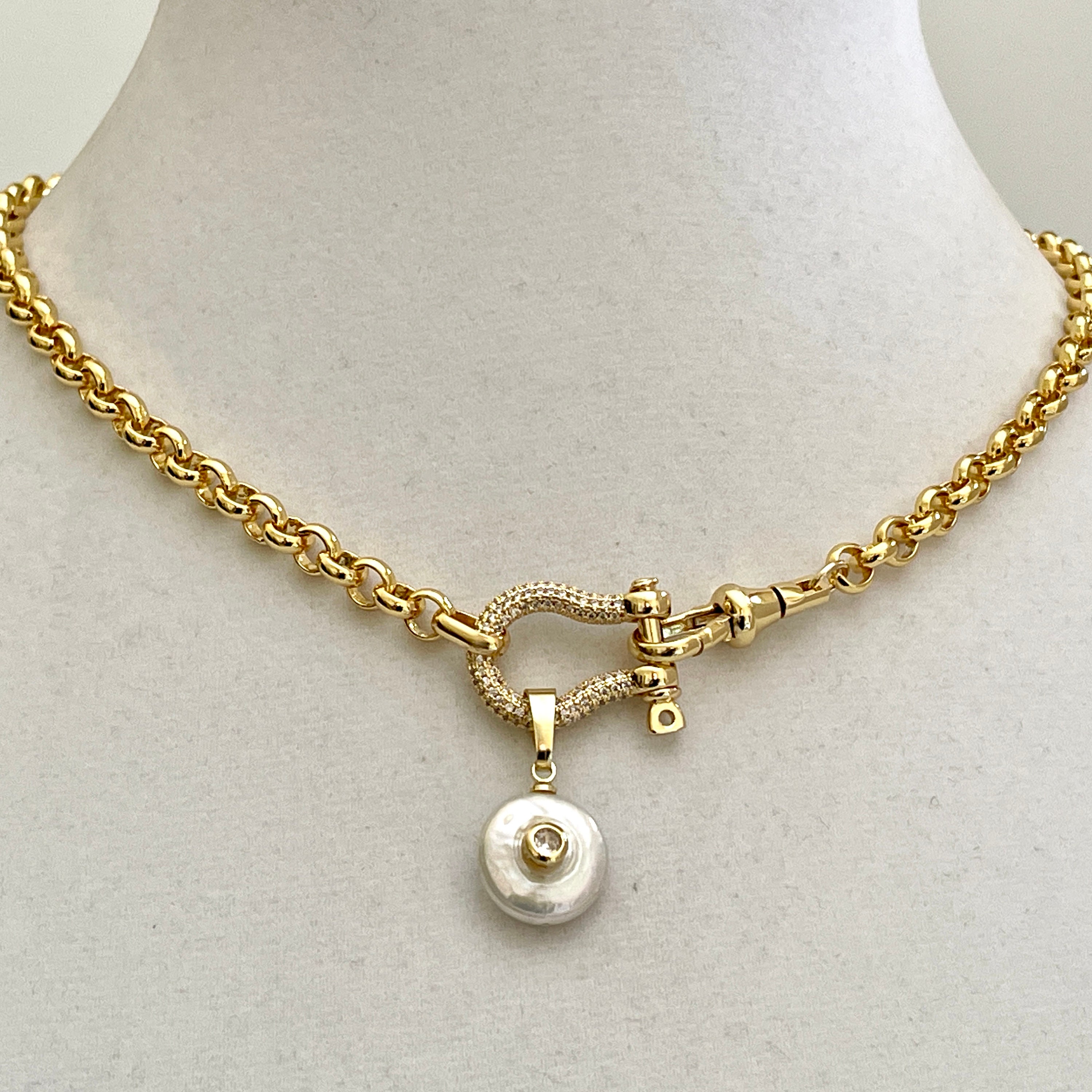 Carabiner Shackle Chain Necklace-Gold Pave Shackle Necklace-CZ Pearl Pendant-Choker Chain Necklace-Gold Plated Rolo Chain-Lobster Closure Carabiner Shackle Chain Necklace-Gold Pave Shackle Necklace-CZ Pearl Pendant-Choker Chain Necklace-Gold Plated Rolo Chain-Lobster Closure