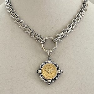 Silver Chunky Multilink Chain Necklace-French Bee Replica Coin, Choice Of Two Coin Pendants, Art Deco Coin -Spring Clasp-Gift For Her