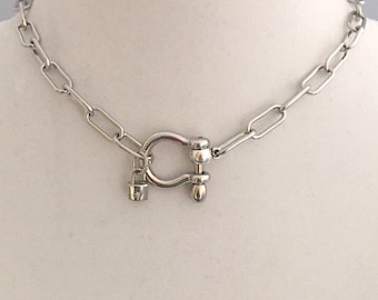 Silver Paperclip Chain Necklace with Shackle Clasp & Padlock