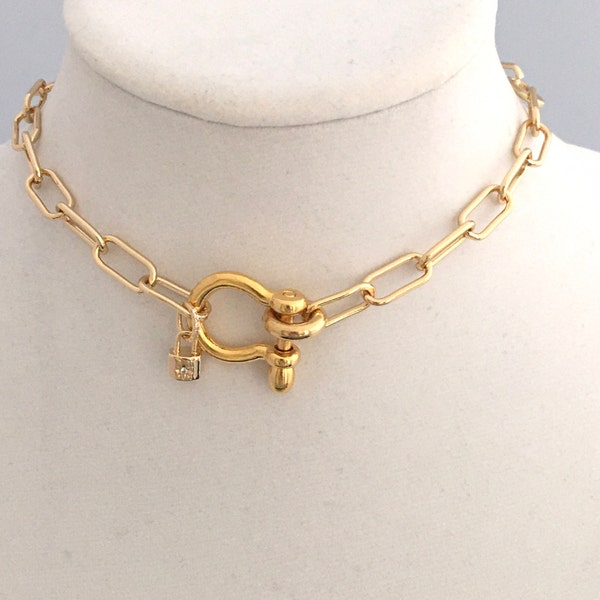 Schäkel Choker Kette Halskette-Karabiner Kette Halskette-Glänzende Gold Kette Halskette-Kette Halskette-Fesseln Schmuck-CZ Vorhängeschloss Charme