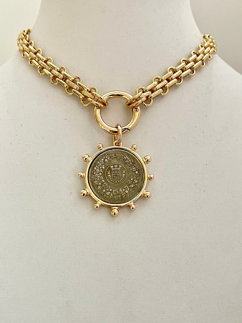 Gold Chunky Multilink Chain Necklace-french Coin - Etsy