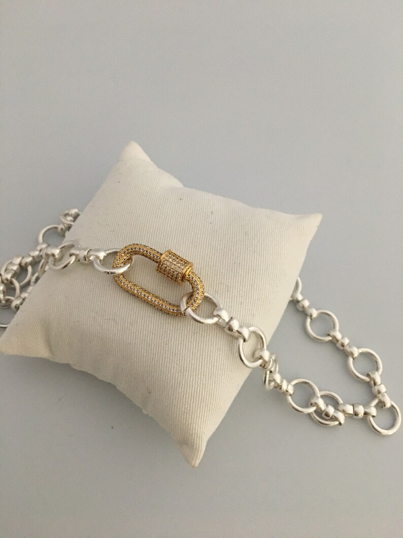 Carabiner Necklace Pave Carabiner Necklace-Screw Lock Clasp-3 Choices Cable Chain Necklace-Brass-Satin Silver-Mixed Cable Chain Necklace