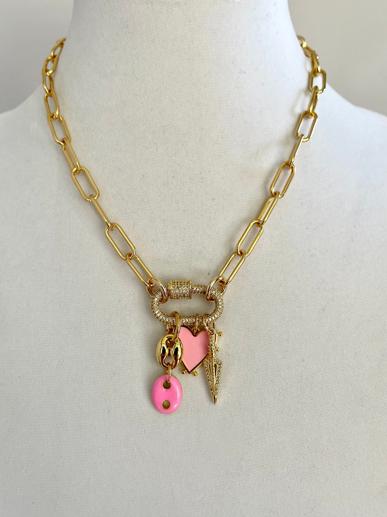 Gold Paperclip Chainmultiple Charm Necklacecubic Zirconia Etsy