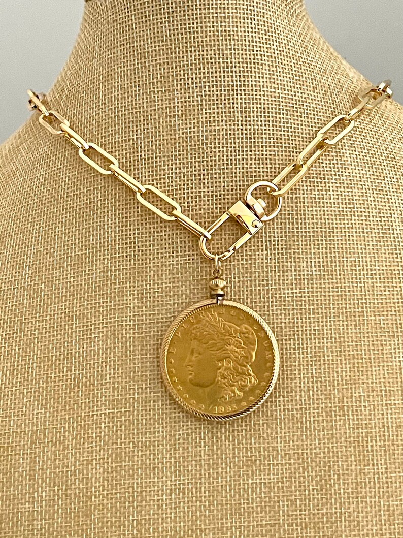 Gold Coin Pendant-paperclip Chain Necklace-shiny Gold - Etsy