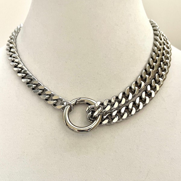 Chunky Silver Miami Cuban Chain Necklace-Thick Chunky Chain-Double Layer Cuban Chain-Round Spring Lock Clasp-Unique Design-Gift For Her