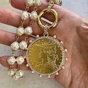 Gold Reproduction Coin Necklace-Porcelain Pearl Chain-Madagascar French Coin Pendant-Pearl and Cubic Zirconia Bezel-Spring Lock Clasp