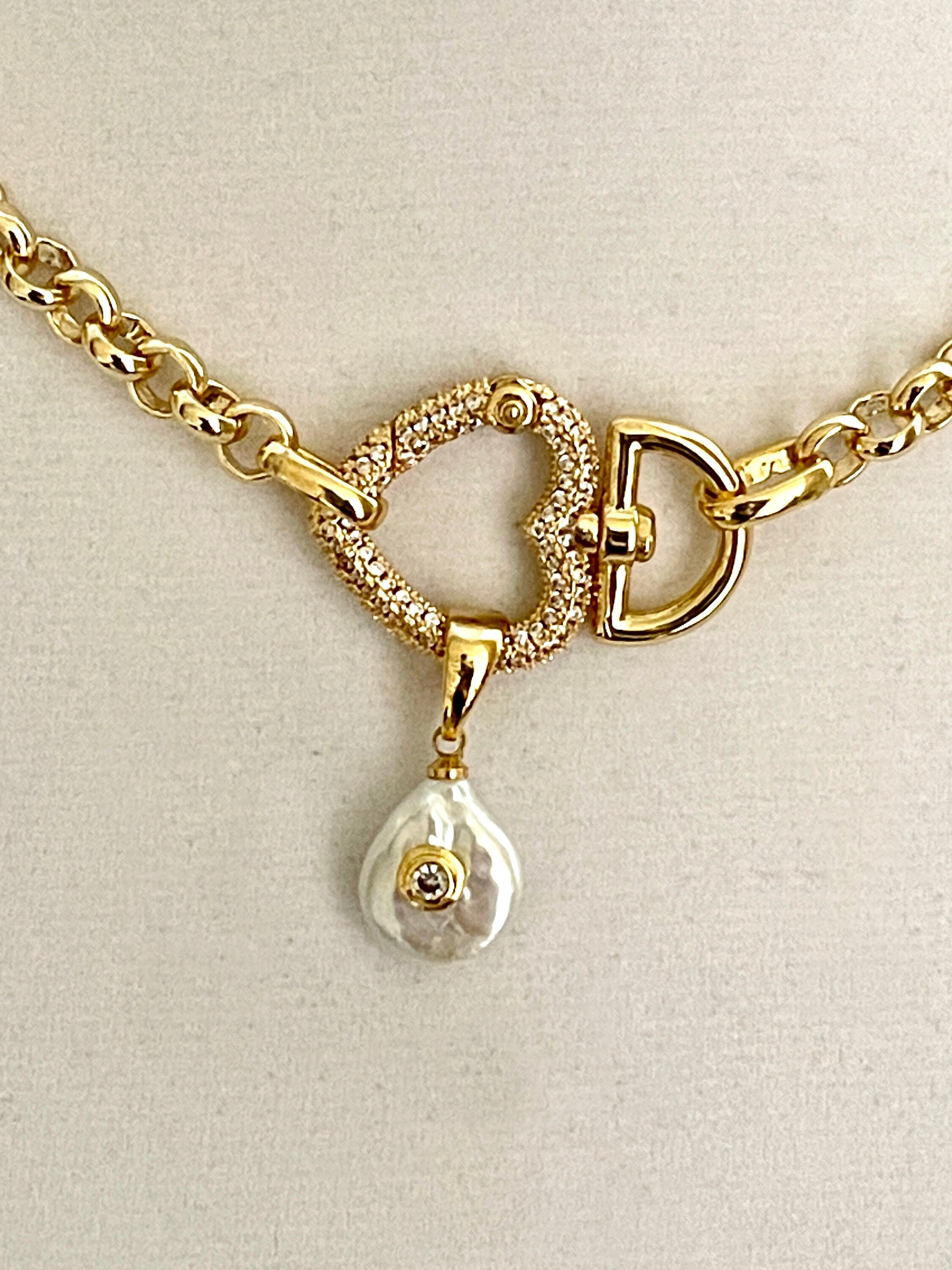 Gold Heart Carabiner Chain Necklace-micro Pave Spring Clasp