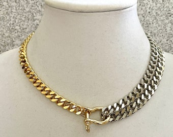 Collar bicolor Miami de cadena cubana: oro y plata, cierre de grillete