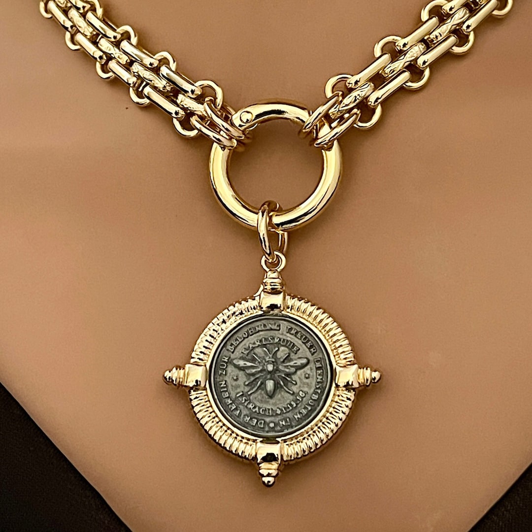 Buy Gold Chunky Multilink Chain Necklace-french Bee Replica Coin, Coin With  Bezel, Art Deco Coin- Gold Textured Chain Necklace-spring Clasp Online in 