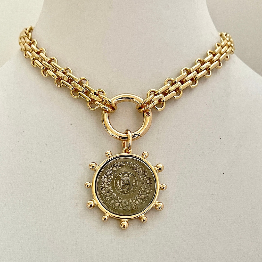 Gold Chunky Multilink Chain Necklace-french Coin Pendant-replica Coin ...