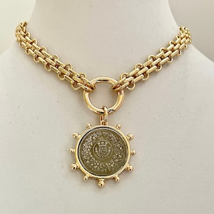 Gold Chunky Multilink Chain Necklace-French Coin Pendant-Replica Coin with Bezel, Art Deco Coin- Gold Textured Chain Necklace-Spring Clasp