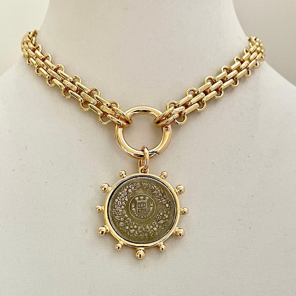 Gold Chunky Multilink Chain Necklace-French Coin Pendant-Replica Coin with Bezel, Art Deco Coin- Gold Textured Chain Necklace-Spring Clasp