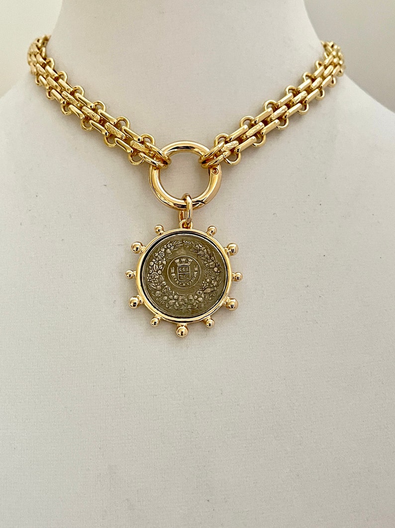 Gold Chunky Multilink Chain Necklace-french Coin - Etsy