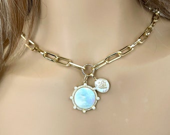 Gold Paperclip Chain Necklace-Mother of Pearl Pendant-CZ Encrusted Bezel-Freshwater Heart Pearl Charm-Lobster Clasp