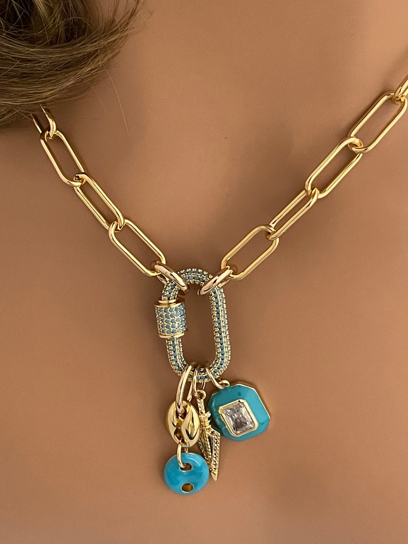 Gold Paperclip Chainmultiple Charm Necklace Cubic Zirconia Etsy