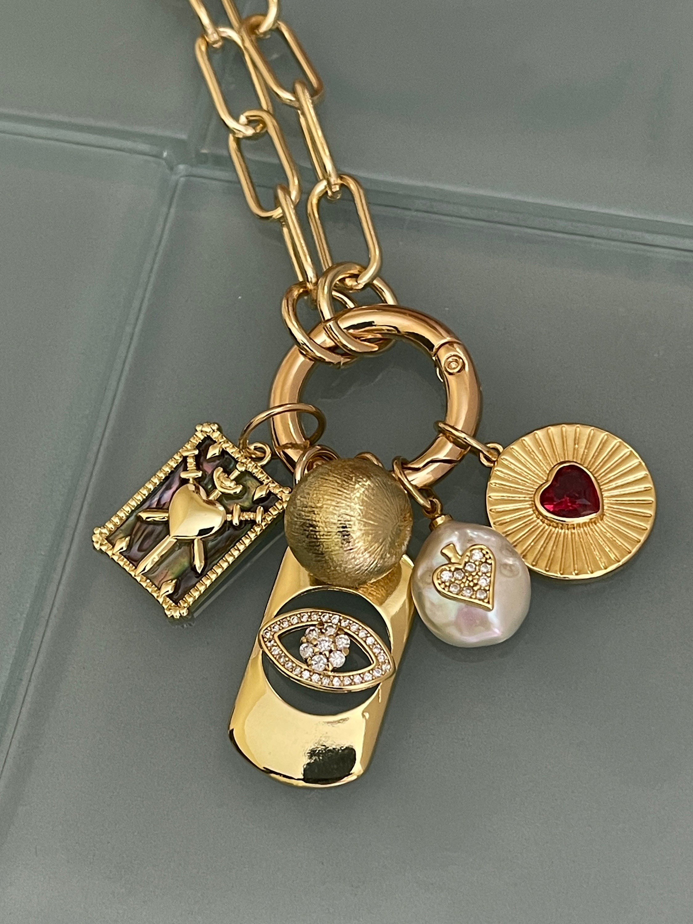 Gold Paperclip Charm Necklace-5 Charms-Fresh Water Pearl-Evil Eye Charm-Coat of Arms- Ball Charm-Ruby Heart Radial Charm-Spring Clasp 25