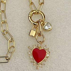 Gold Paperclip Chain Necklace-mixed Charm Necklace-red CZ Heart Charm