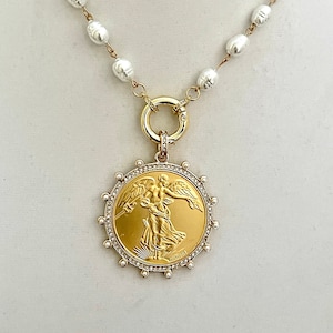 Gold French Coin Pendant-Porcelain Replica Pearl Necklace-Reproduction Commemorative Medal-Bezel w/Pearl and CZ-Spring Lock Clasp