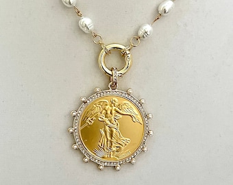 Gold French Coin Pendant Necklace: Porcelain Pearl, CZ Bezel