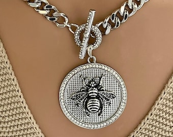 Chunky Silver Cuban Link Necklace-Bumble Bee Pendant-CZ Bezel Pendant-CZ Toggle Clasp-Gift For Her-Statement Jewelry