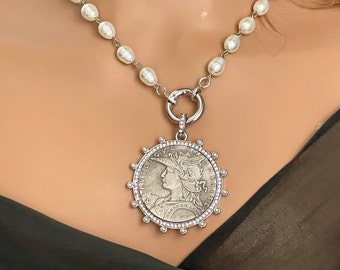 Silver Reproduction Coin Pendant-Porcelain Replica Pearl Necklace-Choice Of 3 Coins-Bezel w/Pearl and CZ-Silver CZ Spring Lock Clasp