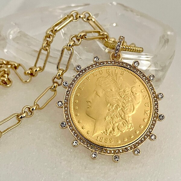 Collier pièce en or - Reproduction en or avec chaîne à maillons multiples Morgan Peace Dollar - Lunette en zircone cubique - Fermoir à ressort pièce de monnaie