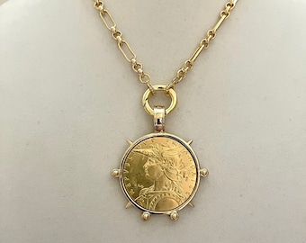 Gold French Coin Pendant Necklace, Art Deco Reproduction Jewelry