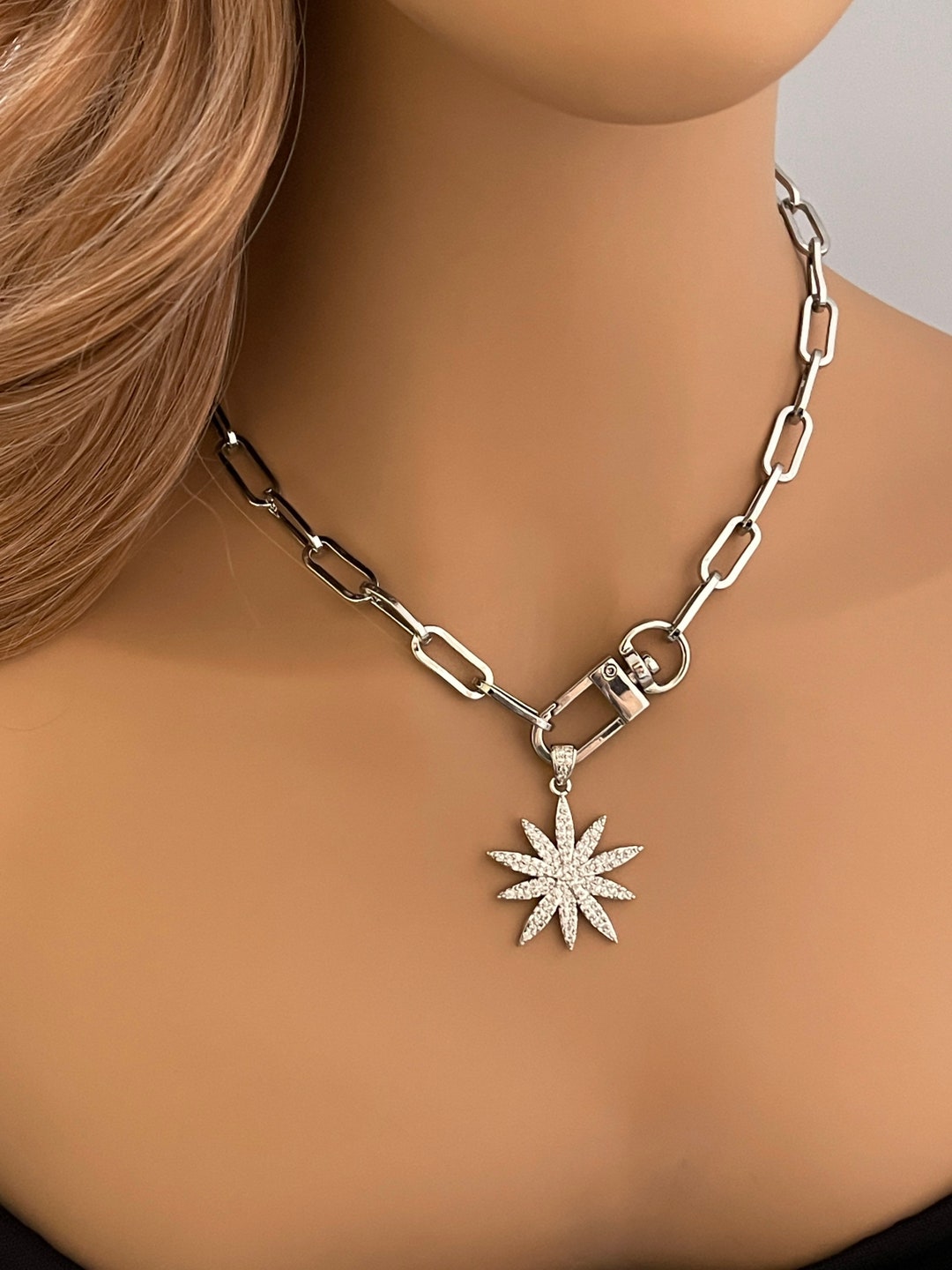 Silver Starburst Necklace-Rope Design Carabiner-Pave Starburst Pendant 22