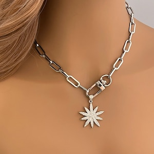 Silver Paperclip Necklace-Cubic Zirconia  Starburst Pendant-Spring Lock Clasp-Gift for Her