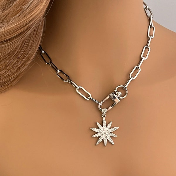 Plata Starburst collar-carabinero collar-Pave Starburst colgante-Paperclip cadena collar-cierre de bloqueo de resorte-regalo para ella