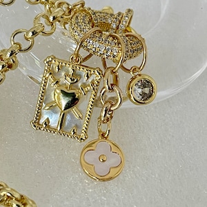 Gold Multiple Charm Necklace-rolo Chain Necklace-cz Mariner Clasp ...