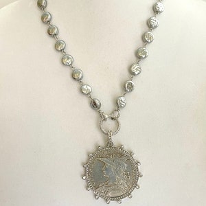 Silver Reproduction French Coin Necklace-Porcelain Glass Grey Coin Shape Pearl Chain-Cubic Zirconia Bezel Coin-Rope Design Spring Lock Clasp