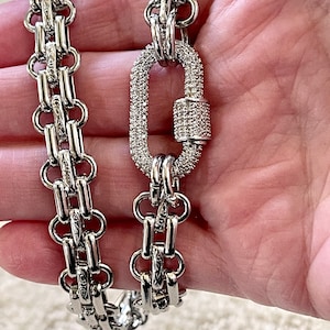 Chunky Multilink Silver Chain Necklace – Pave Carabiner Clasp