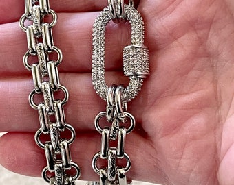 Chunky Multilink Silver Chain Necklace – Pave Carabiner Clasp