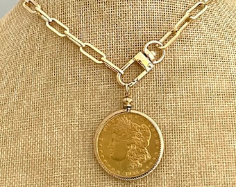 Gold Coin Pendant-Paperclip Chain Necklace-Shiny Gold Coin-Reproduction Coin-LibertyCoin-Carabiner Clasp-Spring Lock Clasp-Aesthetic Jewel