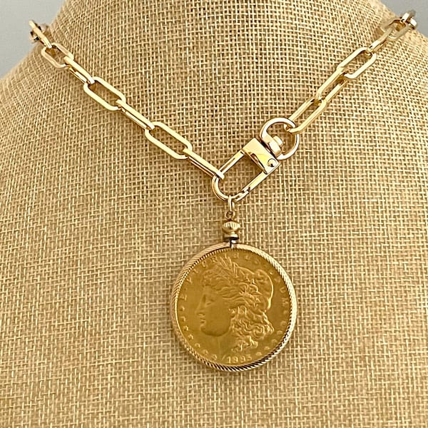 Gold Coin Pendant-Paperclip Chain Necklace-Shiny Gold Coin-Reproduction Coin-LibertyCoin-Carabiner Clasp-Spring Lock Clasp-Aesthetic Jewel