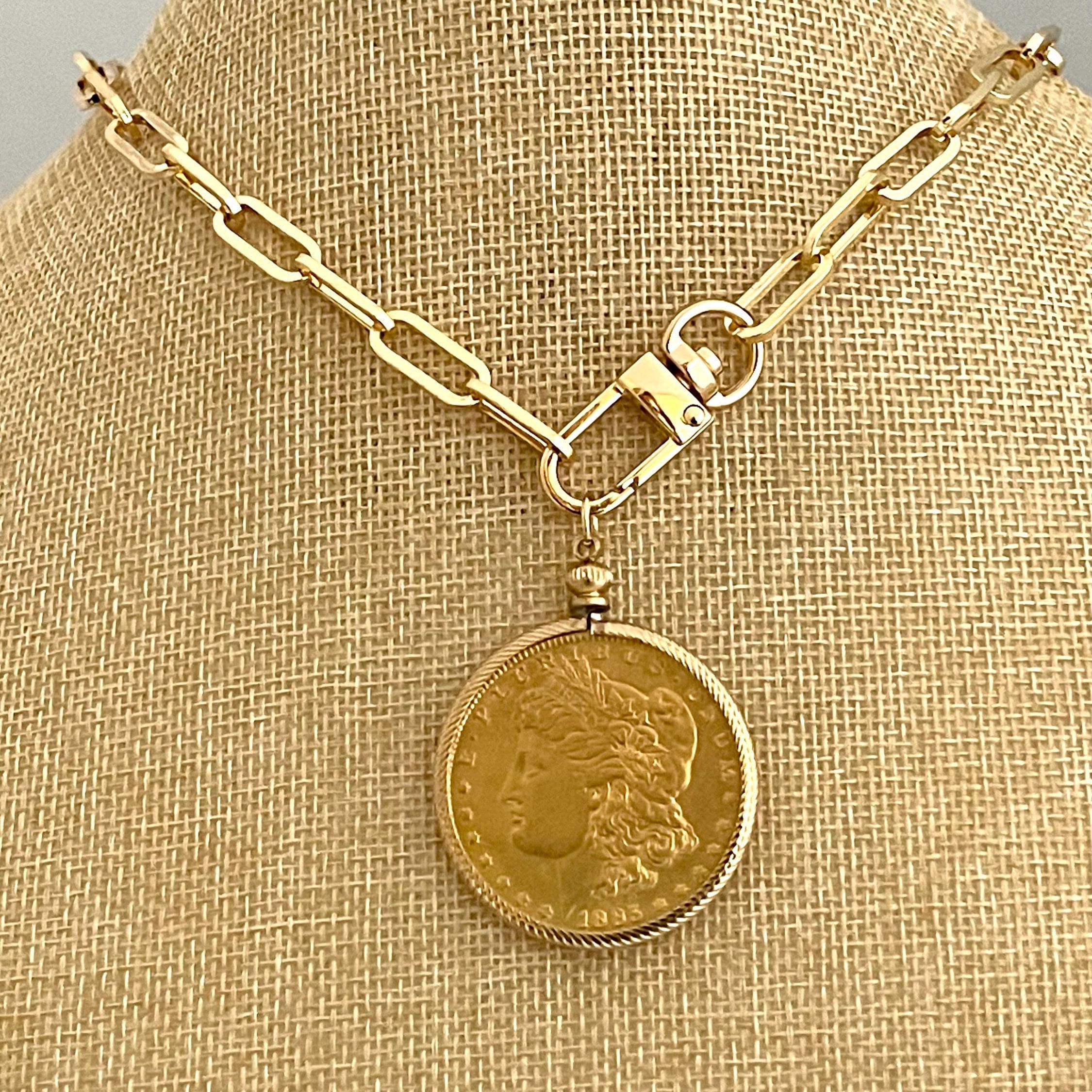 New Gold Coin Charm Paperclip Chain Carabiner Charm Coin and Cross Necklace 18 Inches