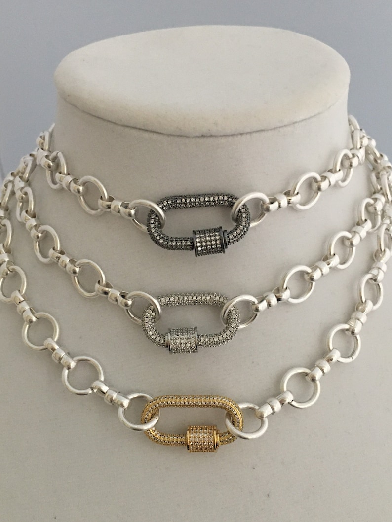 Carabiner Necklace Pave Carabiner Necklace-Screw Lock Clasp-3 Choices Cable Chain Necklace-Brass-Satin Silver-Mixed Cable Chain Necklace