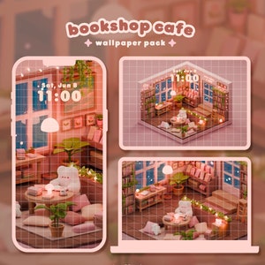 Könnte beinhalten: Eine digitale Illustration eines gemütlichen Buchhandlungs-Cafés in rosa und braunen Farben. Das Café verfügt über ein Bücherregal, einen Tisch mit zwei Stühlen und ein Fenster mit Blick auf den Nachthimmel. Der Text "Sat, Jun 8 11:00" wird auf einer digitalen Uhr angezeigt.