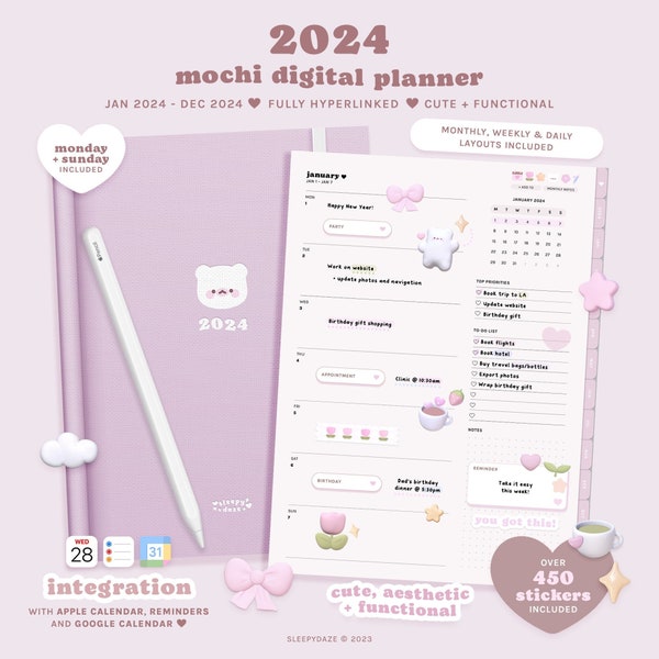 2024 Mochi Digital Planner for GoodNotes / Cute Digital Planner / Monthly Weekly Daily Planning / Integration / Cute Stickers, Notebook
