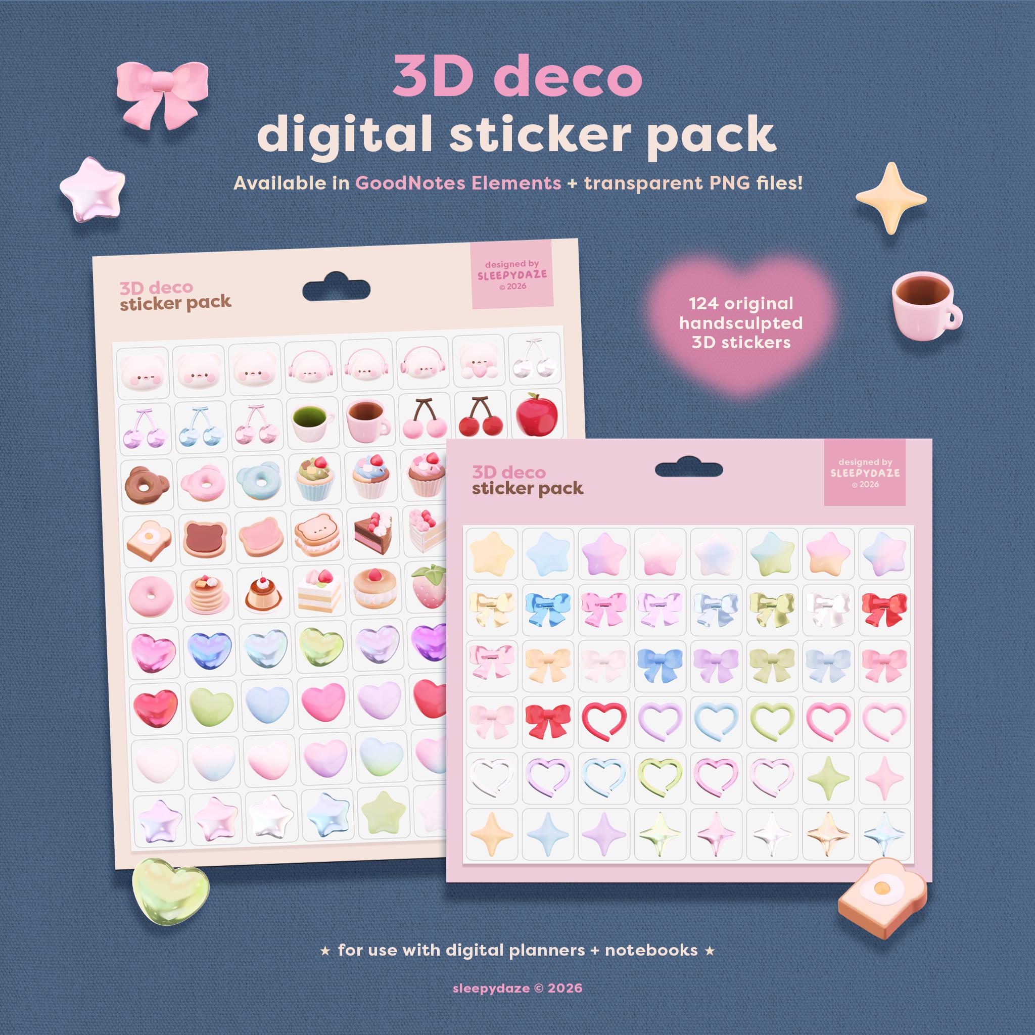 3Dもちデコデジタルステッカーパック、かわいいGoodNotesステッカー 
