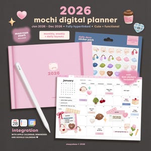 Puede incluir: Un planificador digital rosa 2026 con un lápiz óptico a juego, un paquete de pegatinas y una página de calendario. El planificador incluye diseños mensuales, semanales y diarios. El paquete de pegatinas contiene más de 620 pegatinas.